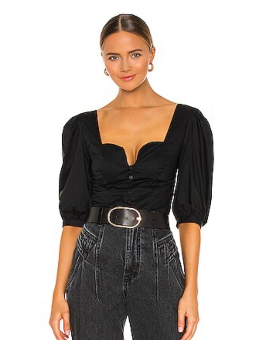 JONATHAN SIMKHAI STANDARD Thea Smocked Puff Sleeve Top in Black XS
